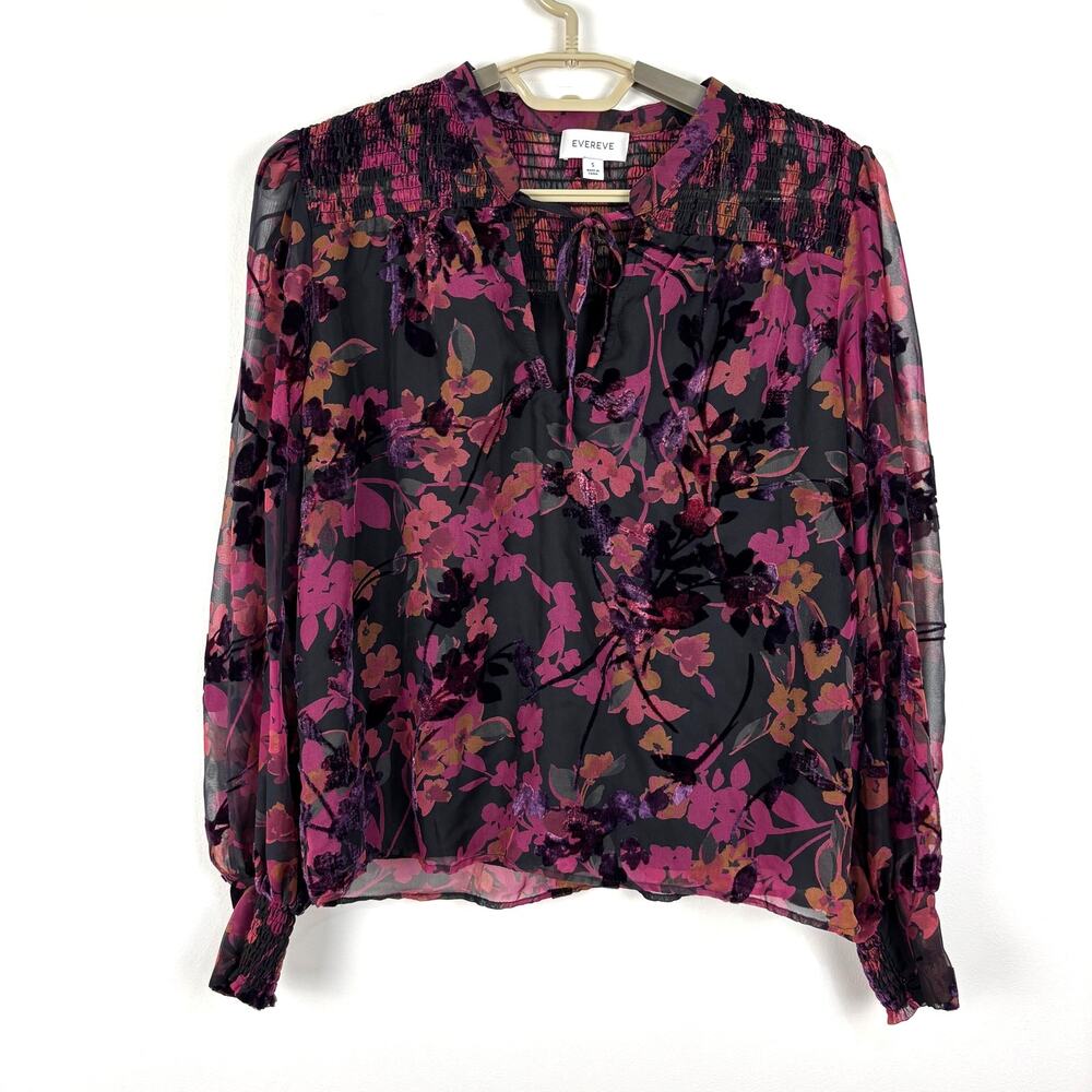 Evereve Velvet Burnout Blouse Small Sheer Smocked Balloon Sleeves Floral